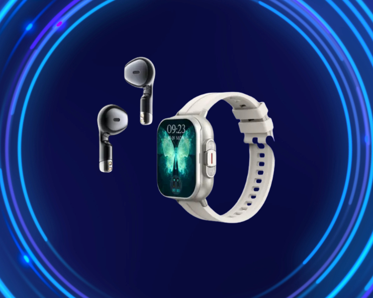Smartwatch and earbuds on a blue and purple circular background